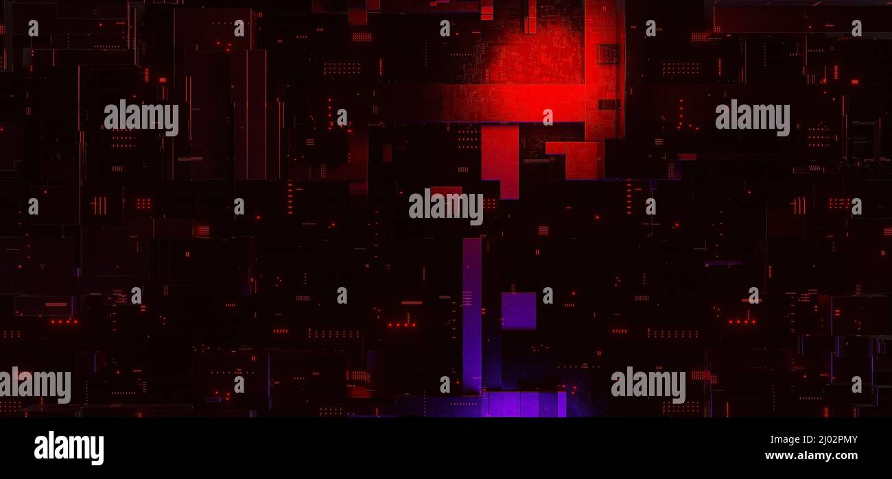 Création de blocs ou cubes de circuit d'ordinateur Nettoyez les couleurs rouges Résumé arrière-plan concept numérique pour le fond d'écran et le rendu Tech Display 3D Banque D'Images