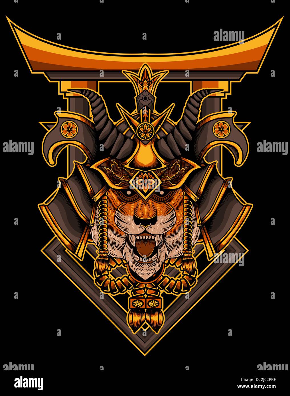 illustration tigre samouraï avec portes torii Illustration de Vecteur