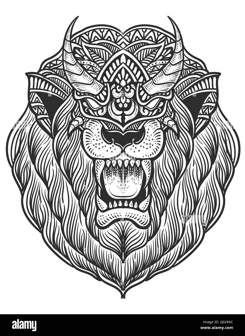 illustration tête de lion style gravure avec masque Illustration de Vecteur
