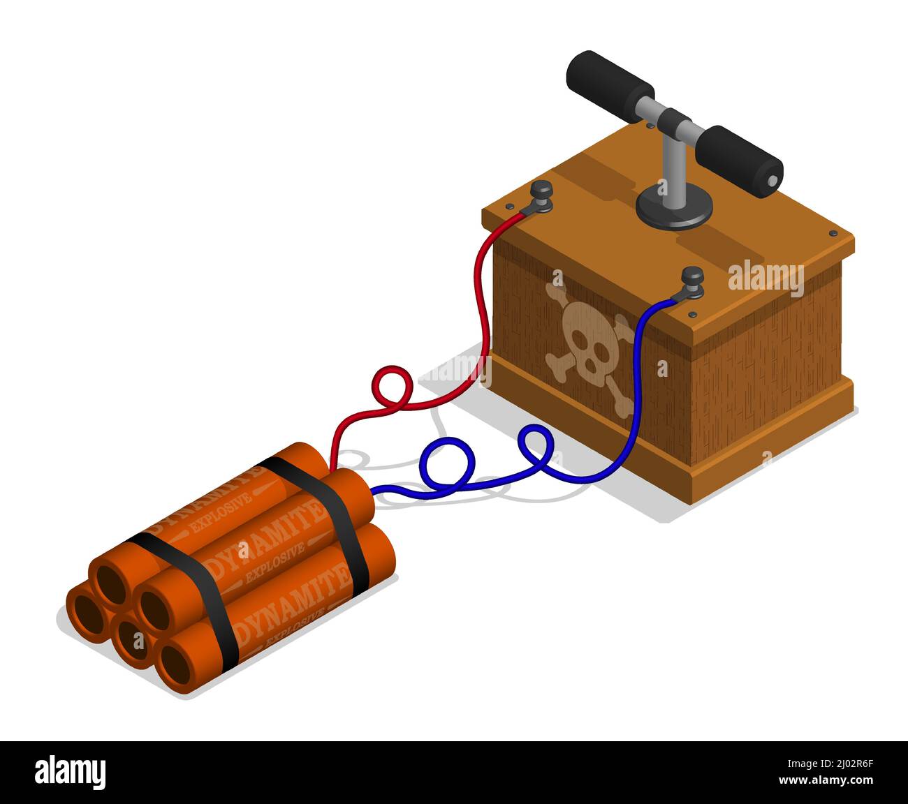 Boîte isométrique avec poignées pour la charge de dynamite détonante sur le site minier. Equipement pour pyrotechnie. Vecteur réaliste 3D isolé sur fond blanc Illustration de Vecteur