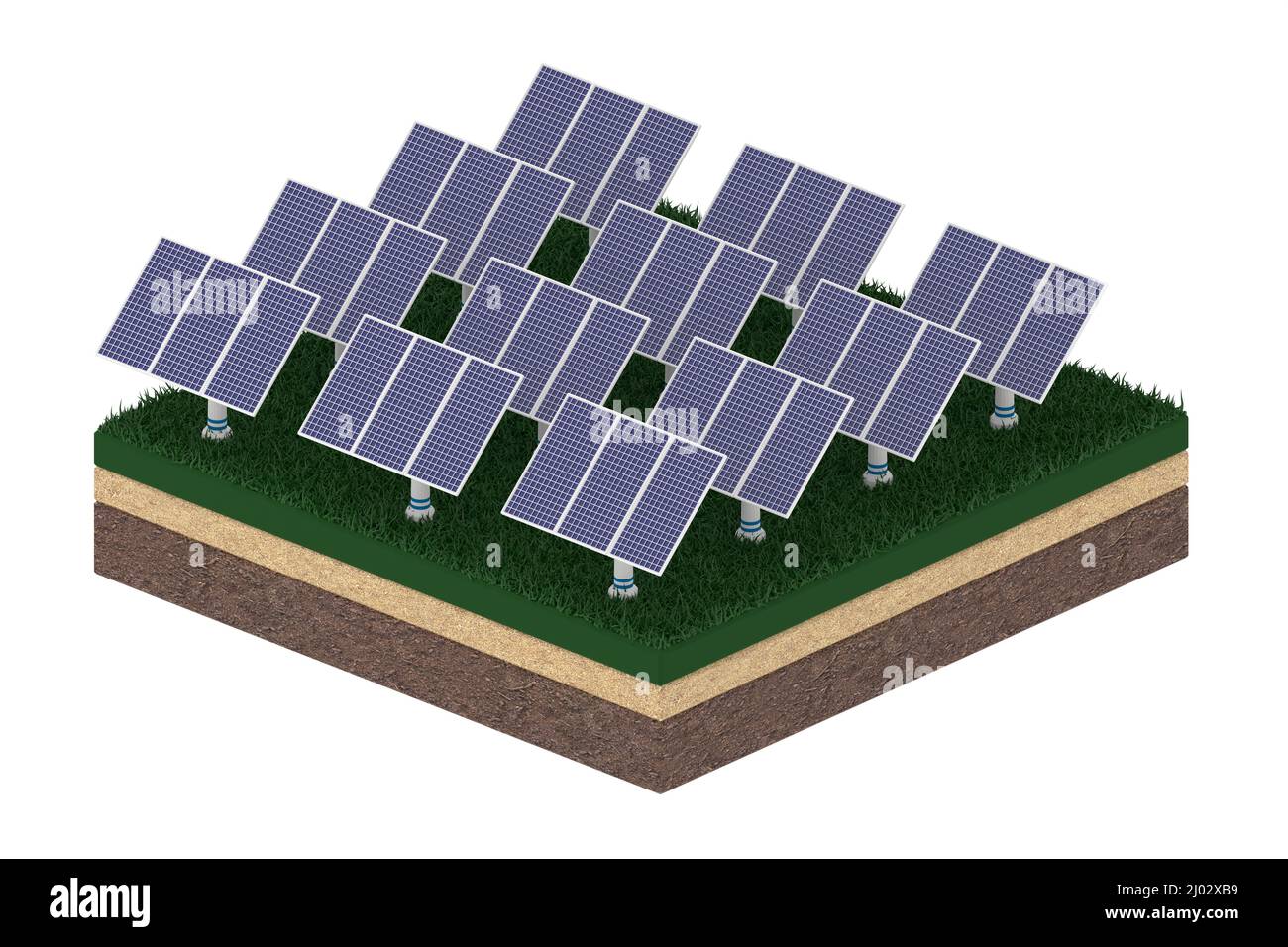 3D rendu des panneaux solaires debout sur une tranche de sol isolée sur fond blanc Banque D'Images