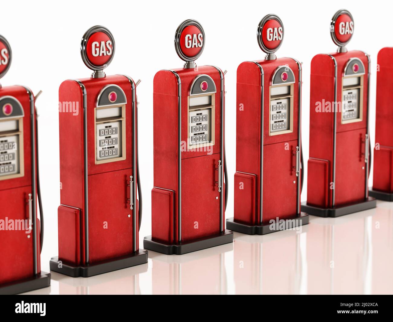 Rangée de pompes à carburant rétro isolées sur fond blanc. 3D illustration. Banque D'Images