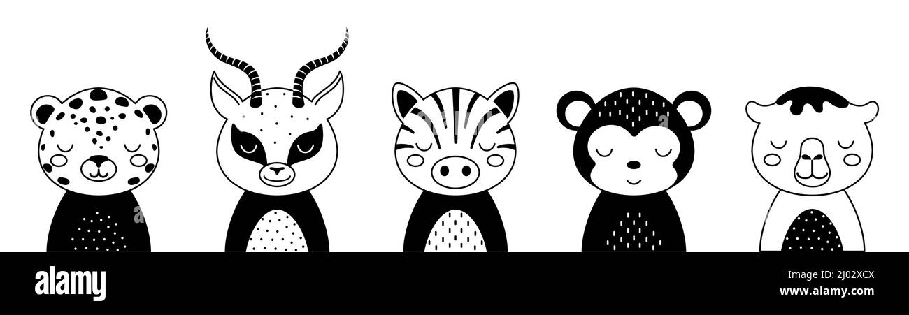 Ensemble d'animaux noir et blanc de jaguar, gazelle, zèbre, singe, chameau. Animaux mignons de style scandinave. Vêtements, vêtements et articles de décoration pour enfants Illustration de Vecteur