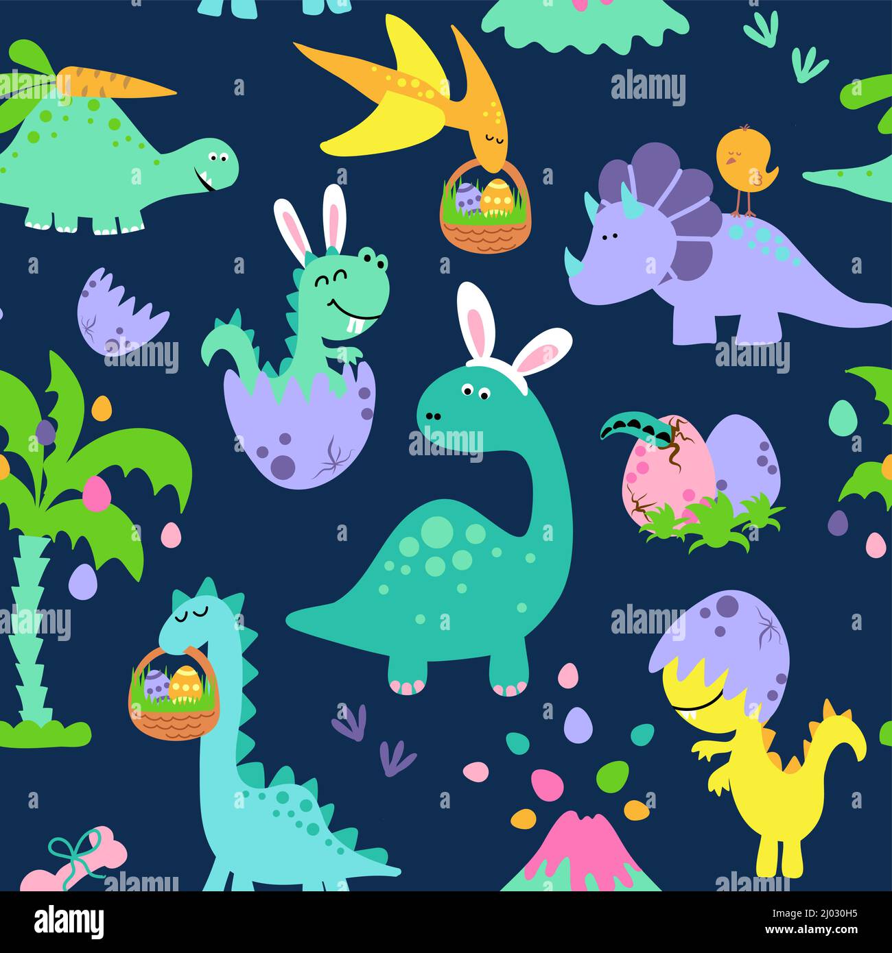 Dino Pâques chasse aux œufs - drôle de dessin animé dinosaures, os, et oeufs. Mignon t rex, personnages. Ensemble de dessin de caniche pour enfants. Bon pour textil Illustration de Vecteur