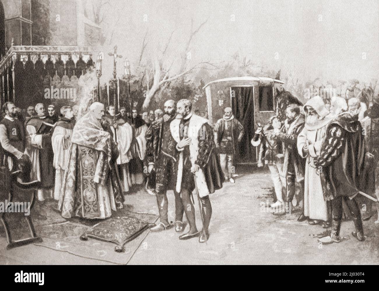 Charles V arrive au monastère de Yuste, Caceres, Estrémadure, Espagne, 1557 après son abdication en 1556. Charles V, 1500 – 1558. Saint empereur romain, dirigeant de l'Empire des Habsbourg, roi d'Espagne et dirigeant de l'Empire espagnol comme Charles Ier, archiduc d'Autriche comme Charles Ier, et dirigeant des pays-Bas des Habsbourg comme duc de Bourgogne. Du pays des merveilles de la connaissance, publié vers 1930 Banque D'Images