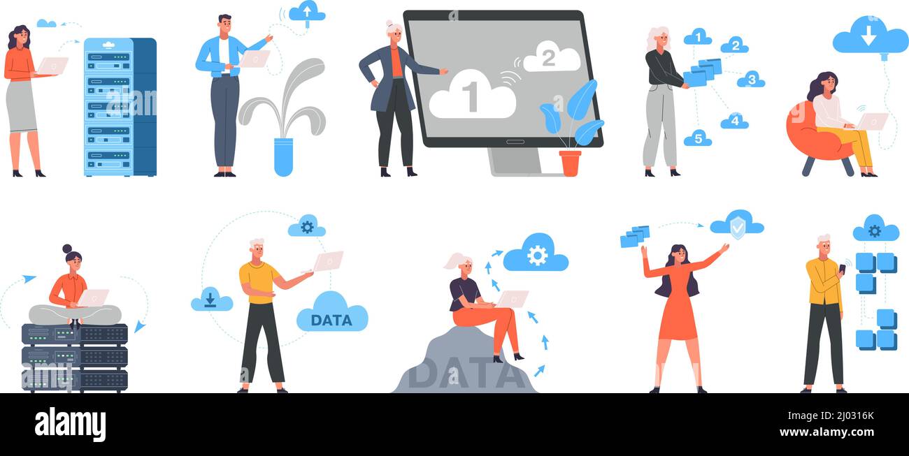 Système Cloud, stockage de données en ligne et ingénierie Cloud. Jeu d'illustrations vectorielles de caractères d'ingénieur de serveur de cloud de données en ligne. Ingénierie du cloud Illustration de Vecteur