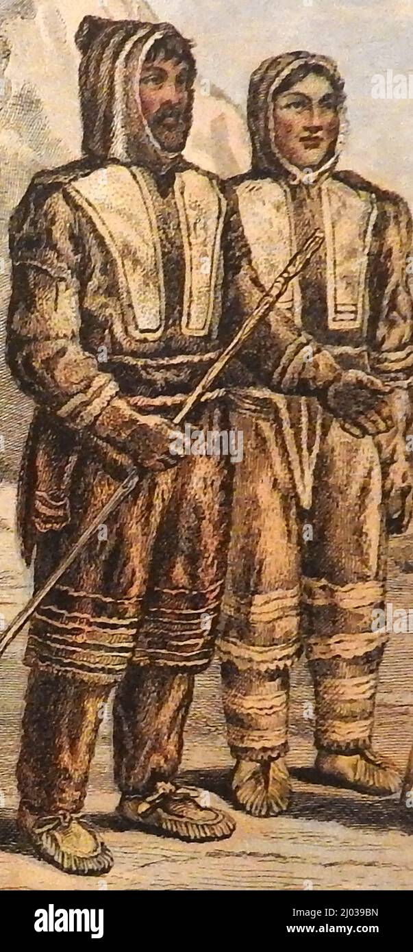 Illustration des années 1890 d'Eskimos (Inuits) . Un homme et une femme de Victoria Land dans leur robe nationale Banque D'Images