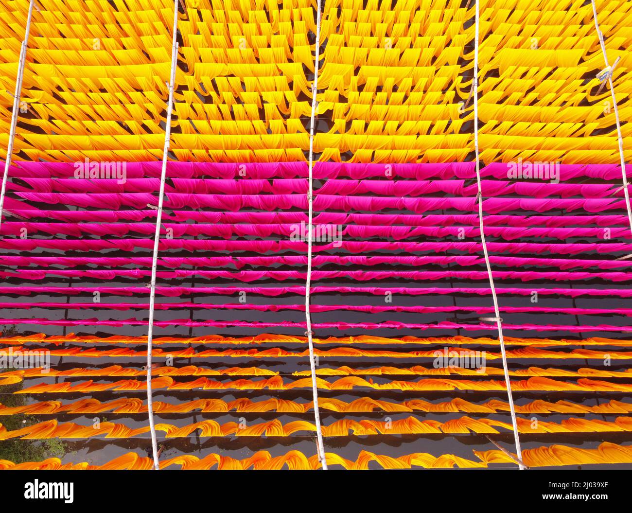 Narayanganj, Dhaka, Bangladesh. 16th mars 2022. Les travailleurs pendent des milliers de différents tissus colorés sur des fils de fer attachés entre un cadre en bambou et les tournent constamment pour qu'ils sèchent parfaitement dans les champs inondés de Narayanganj, au Bangladesh. Des fils de fer sont utilisés entre un cadre de bambou pour créer des lignes de lavage géantes pour la dernière partie du processus de mort que les tissus sont séchés au soleil. Des brins de tissus colorés bleus, roses, orange et verts sont suspendus au-dessus du champ herbacé dans un réseau éblouissant de couleurs entrelacés. C'est la dernière partie du processus de mourir après laquelle le tissu est Banque D'Images