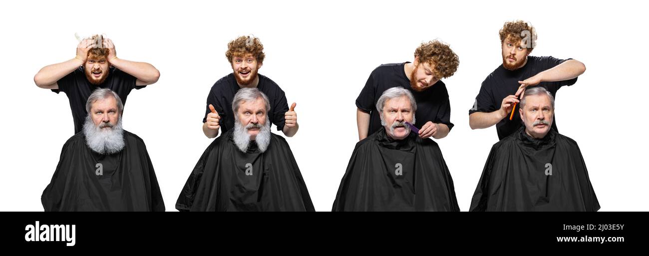 Collage comique réalisé avec un jeune barbier à tête rouge faisant une coupe de cheveux créative pour l'homme âgé. Concept de style, de mode, de beauté, de changements et de plaisir Banque D'Images