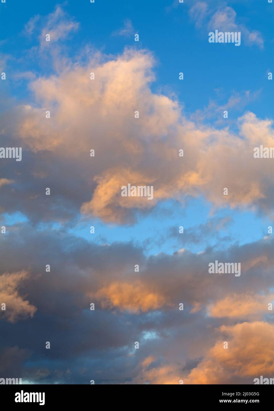 Des nuages orange doux et colorés se sentent bien en face d'un ciel bleu hiverne Banque D'Images