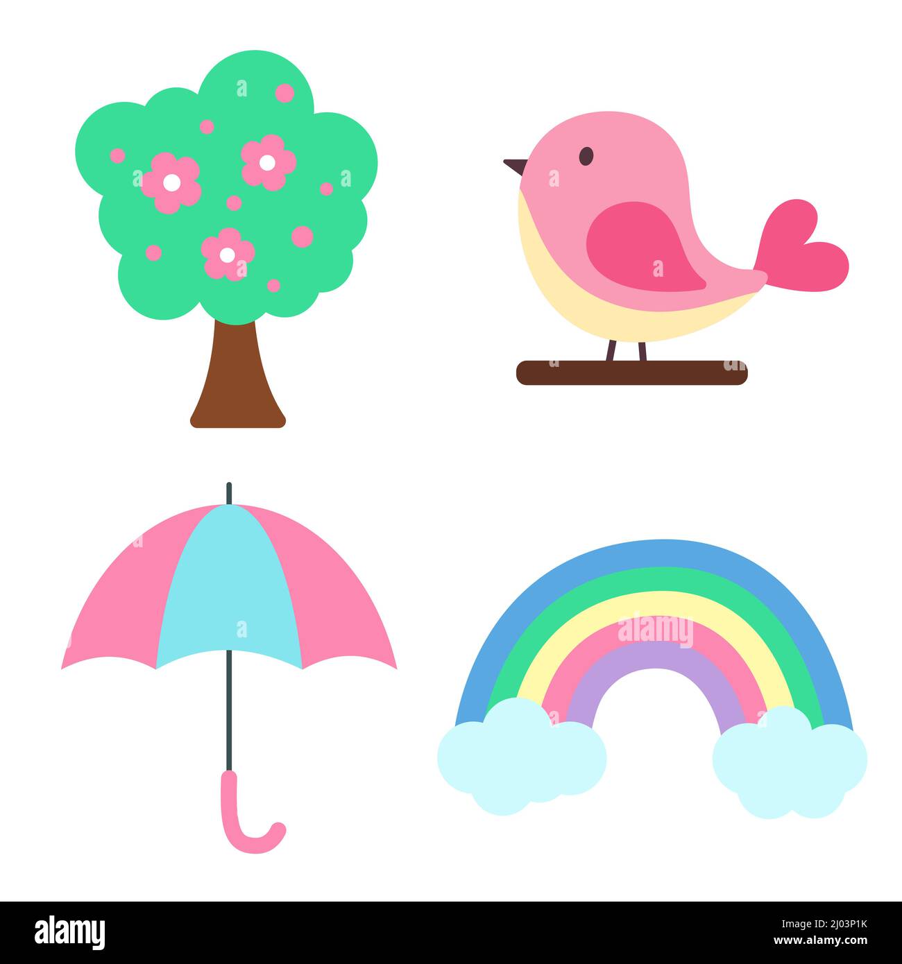 Ensemble d'éléments de ressort. Arbre avec fleurs printanières, oiseau rose, parapluie et arc-en-ciel avec nuages. Imprimé pour les emballages d'autocollants, les vêtements, le textile et les articles saisonniers Illustration de Vecteur