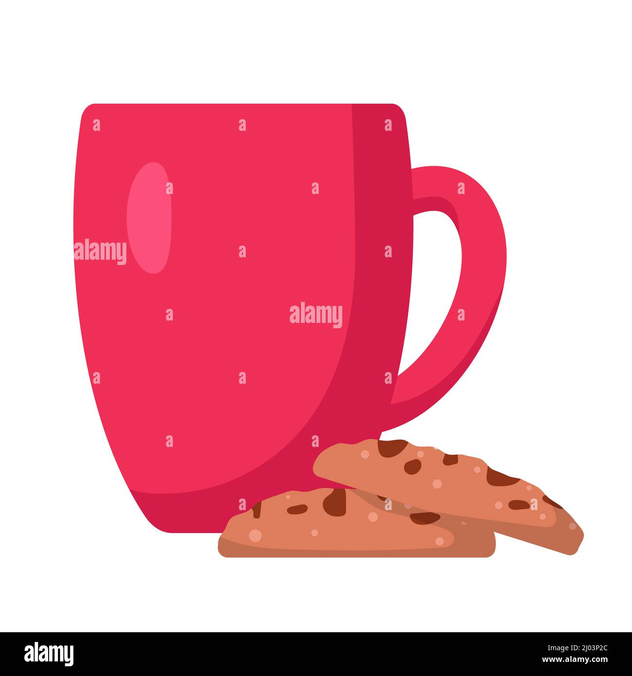 Tasse avec boisson chaude et biscuits, illustration vectorielle de style dessin animé plat. Tasse de café, de cacao ou de thé. Petit déjeuner savoureux ou pause café. Imprimer pour les cartes Illustration de Vecteur