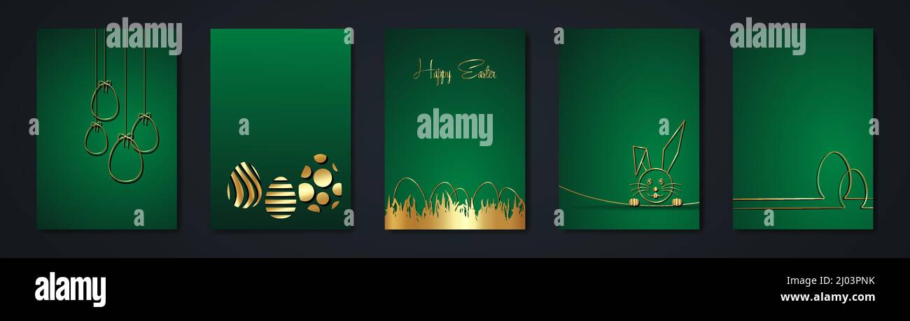 Ensemble de cartes vertes joyeuses Pâques, style de luxe or, lapin doré et œufs, collection de design de mode, carte de voeux à dessin de lapin de Pâques, vecteur Illustration de Vecteur