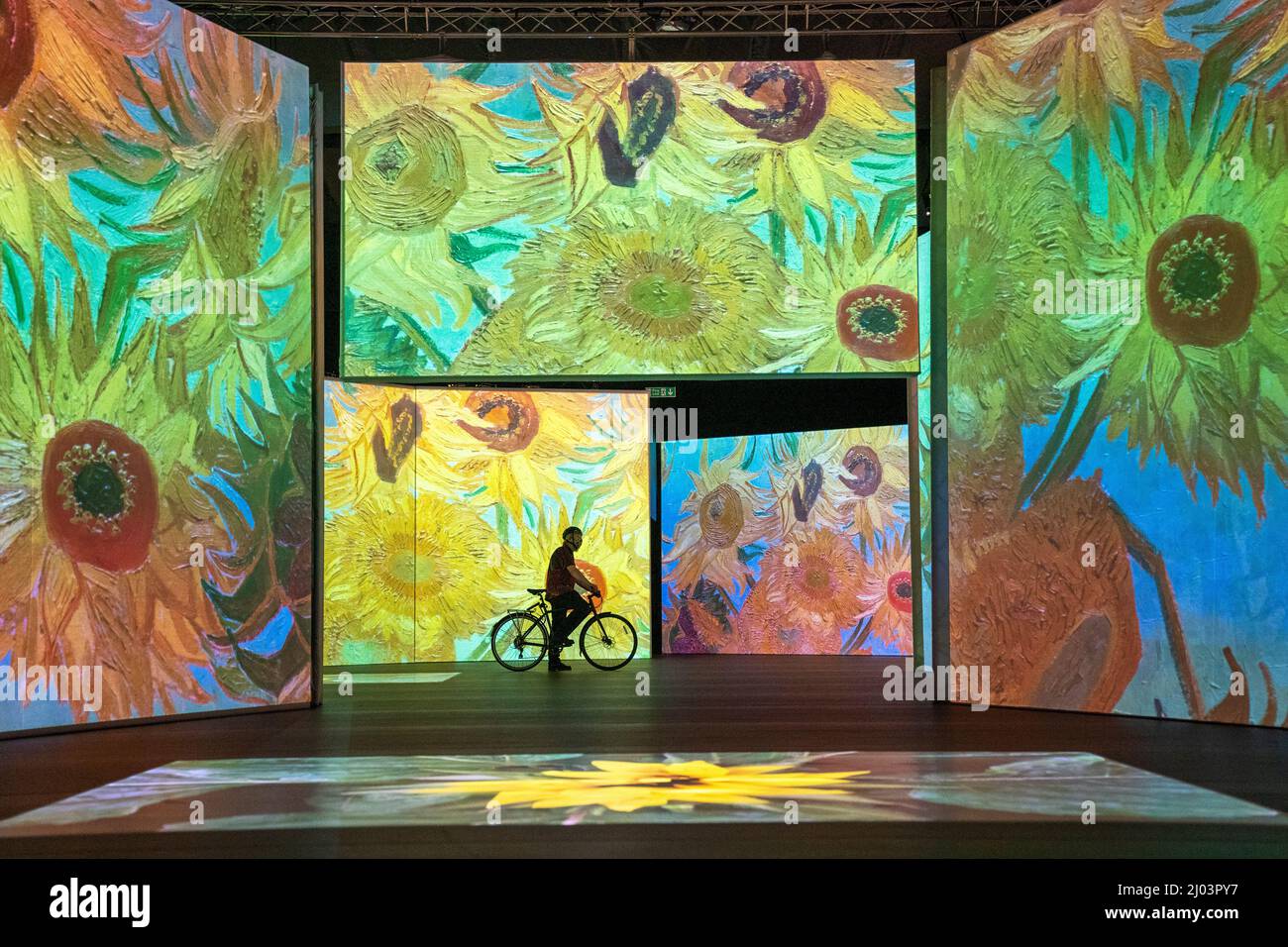 Tom Dibdin explore la galerie principale lors d'un avant-goût de Van Gogh Alive, une expérience d'art immersive et multisensorielle combinant des projections haute définition des peintures de Van Gogh avec son surround numérique et arômes de Provence, sur la place du Festival, à Édimbourg. Date de la photo: Mercredi 16 mars 2022. Banque D'Images