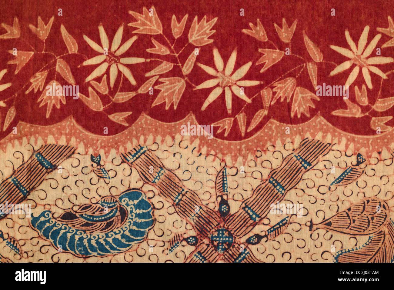 Gros plan sur les tissus de sarong de batik indonésien du début des années 1900. Tous faits à la main avec des canting et de la cire chaude dans la manière javanaise traditionnelle. Banque D'Images