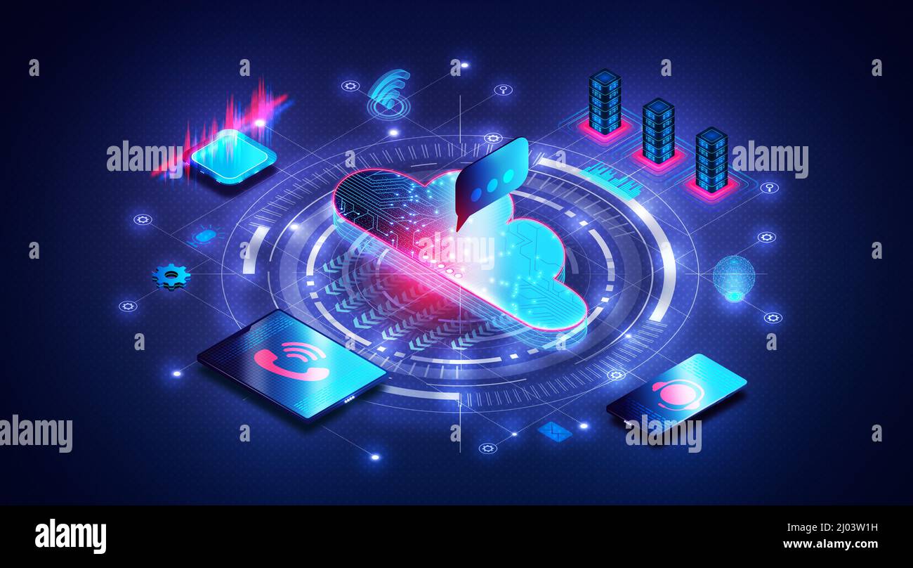 Plateforme de communications en tant que service - CPaaS - concept de communication dans le cloud avec Cloud virtuel entouré d'appareils communiquant au sein d'un réseau INFORMATIQUE Banque D'Images