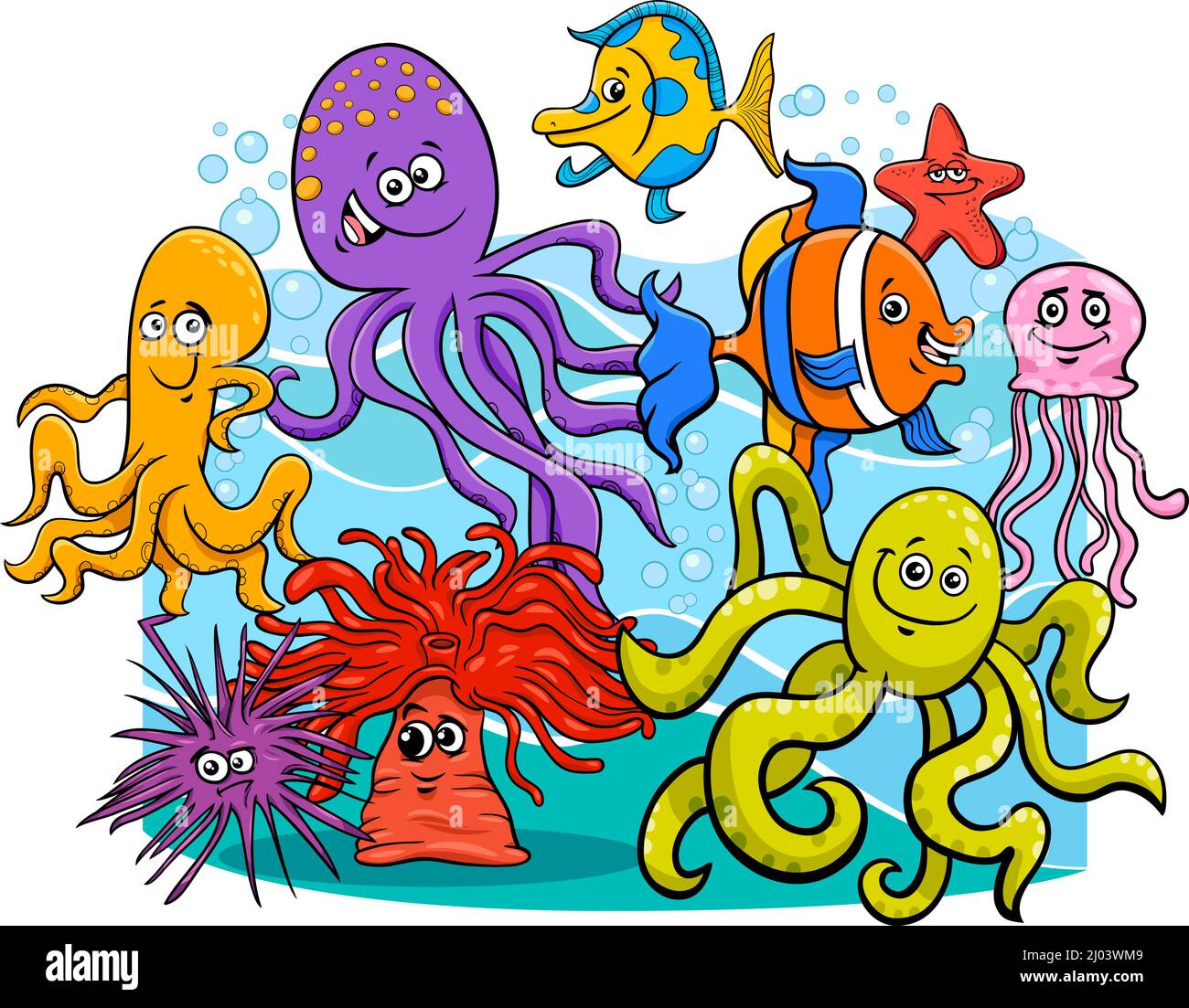 Dessins animés illustrations de drôle de la vie de mer animaux marins groupe de caractères Illustration de Vecteur