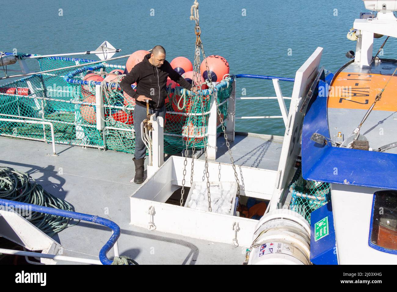 Pêcheur déchargeant des boîtes de poissons de la pêche le chalutier tient de poisson. Banque D'Images