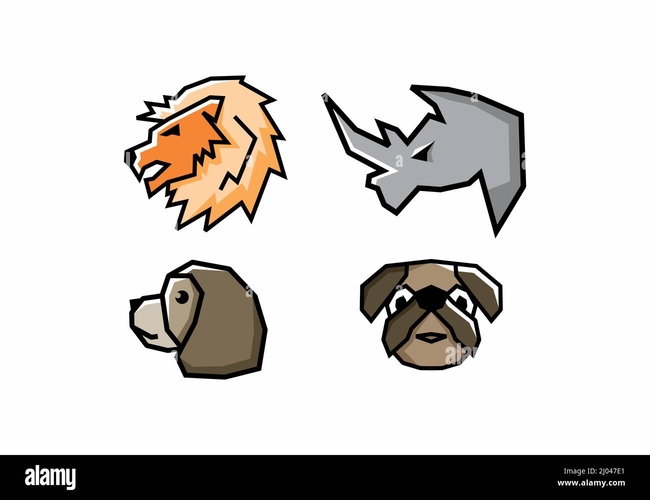 Style d'art rigide avec motif lion, rhinocéros et chien Illustration de Vecteur