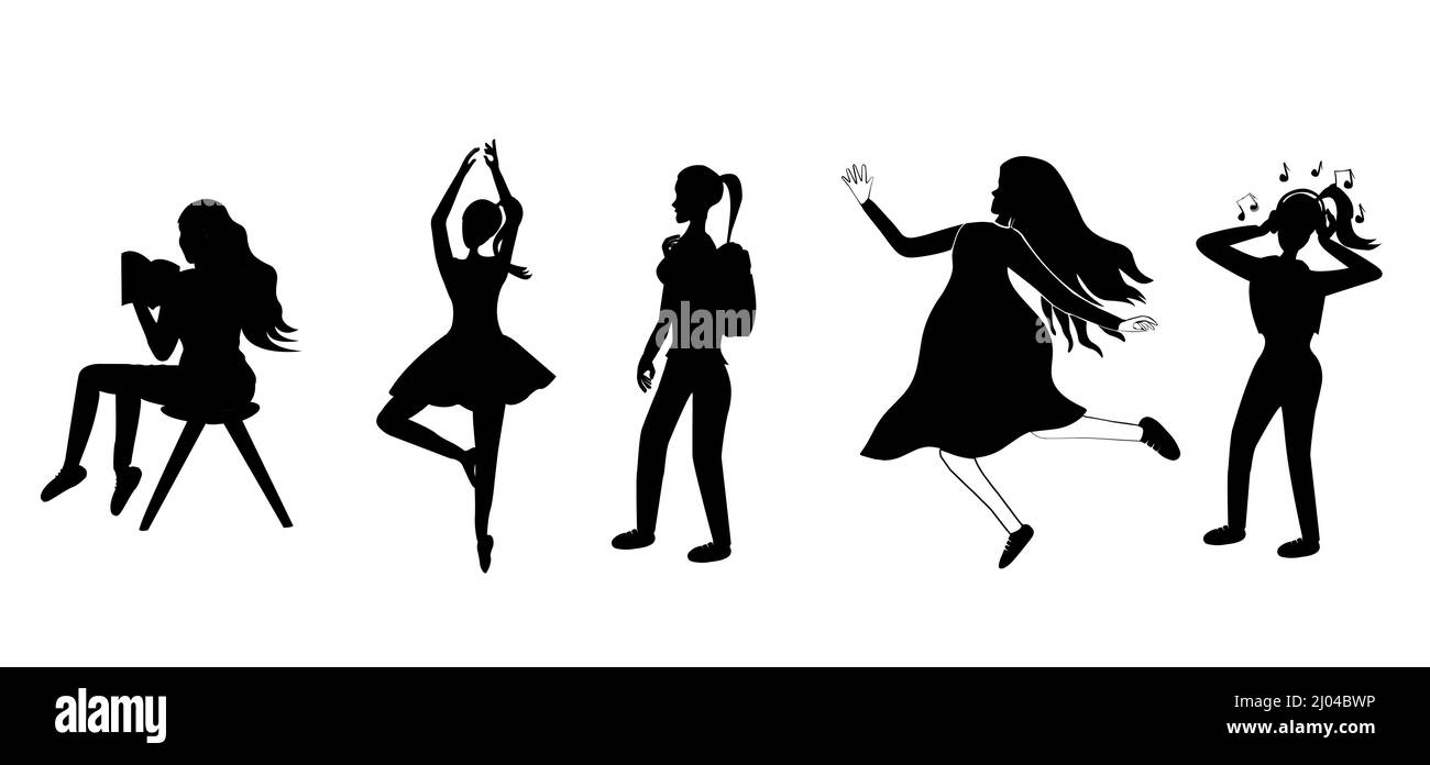 Différentes silhouettes adolescentes dessinant le motif. Esquisse noire mouvements de jeune fille sur fond blanc. Illustration vectorielle Illustration de Vecteur