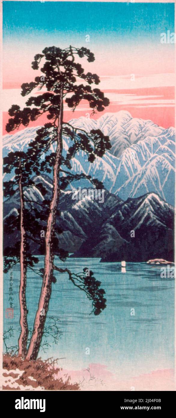 Neige persistante sur le mont Shirane, Nikkō. Takahashi Hiroaki (Japon, 1871-1945). Japon, avant 1936. Imprimés; blocs de bois. Imprimé color block Banque D'Images