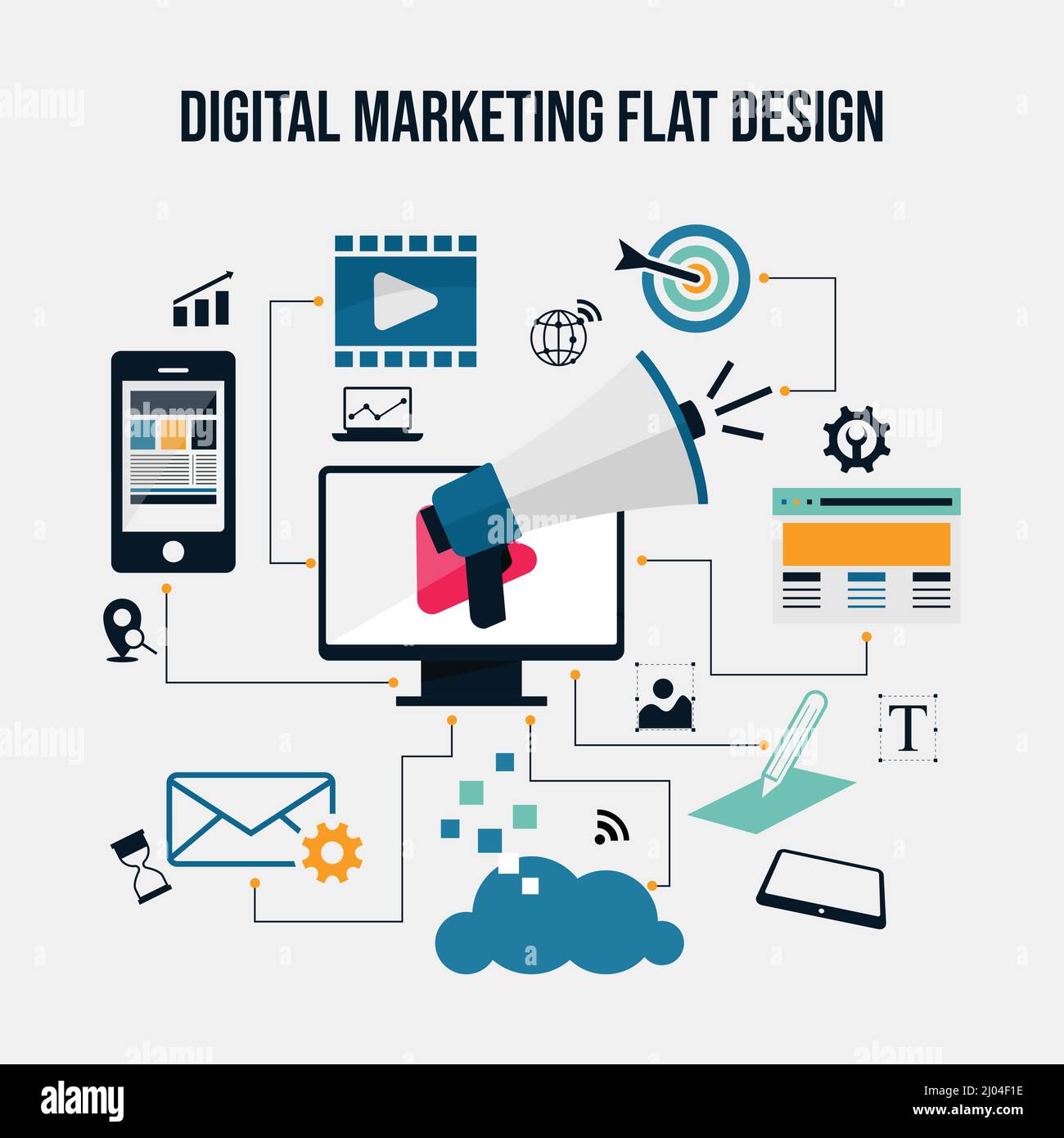 Concept de marketing numérique conception plate image vectorielle. Marketing de contenu, promotion, partage, stratégie, marketing numérique, concept de publicité web Illustration de Vecteur