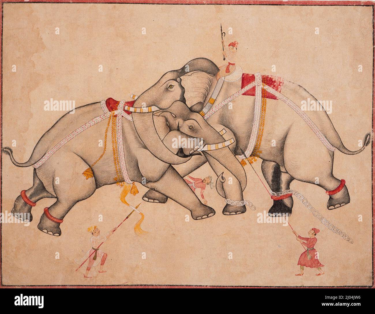 Combat de l'éléphant. Inde, Rajasthan, Kota, vers 1725. Mises en plan; aquarelles. Encre et aquarelle opaque sur papier Banque D'Images