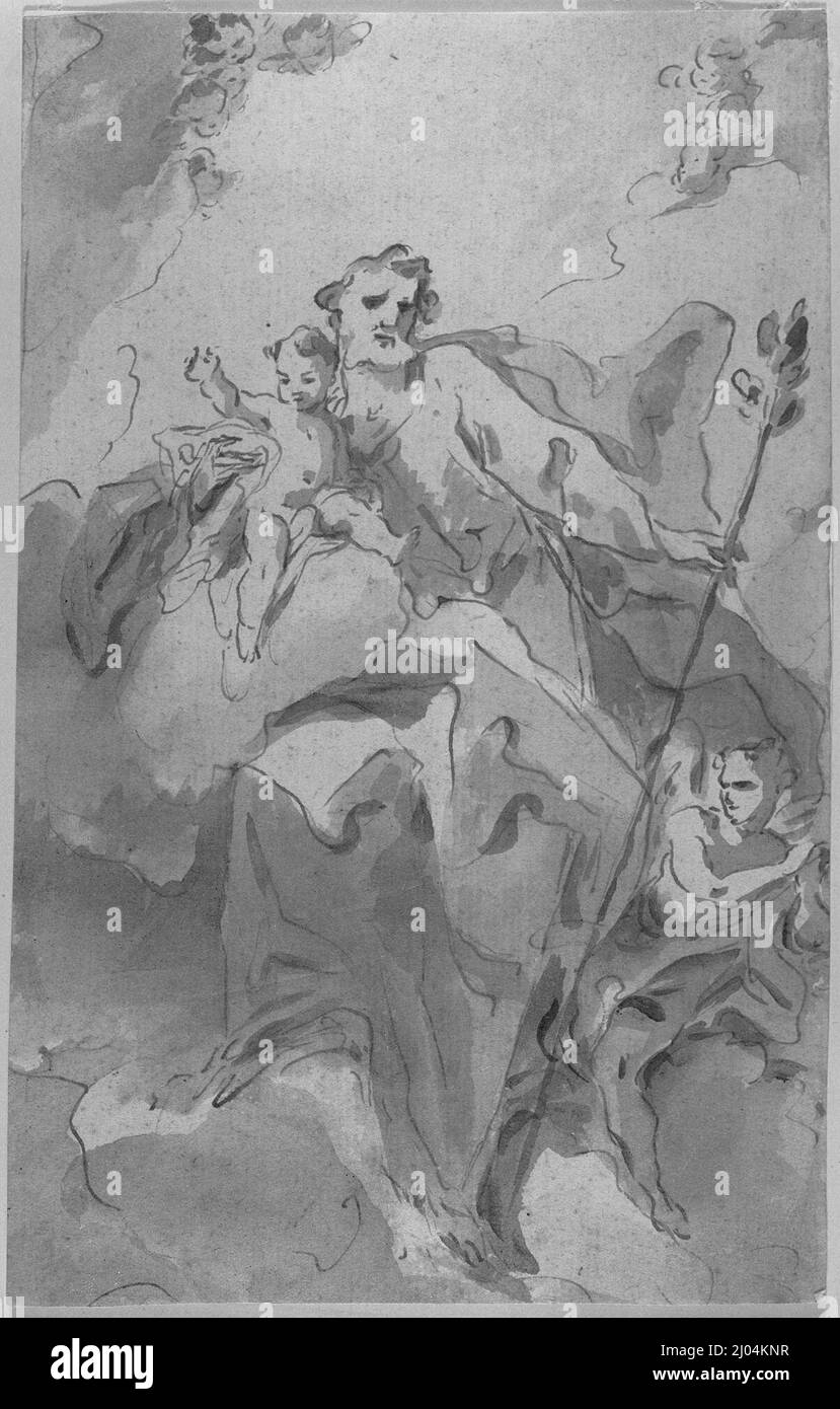 Saint Joseph et le Christ enfant. Italie, Venise (?), 18th siècle. Mises en plan. Stylo et encre brune, brosse et lavage gris Banque D'Images