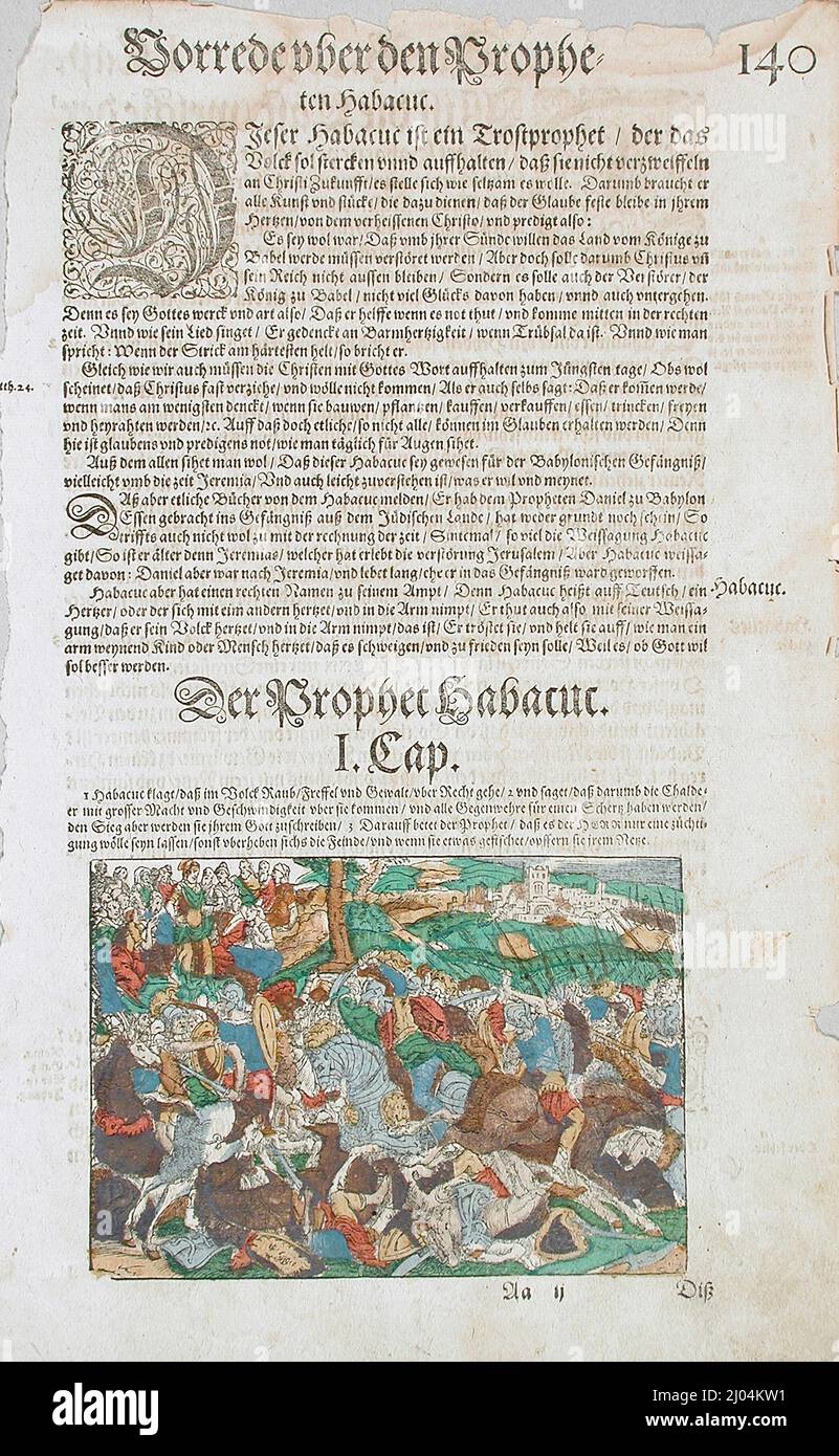 Une scène de bataille : les prophéties de Habakkuk en arrière-plan. Jost Amman (Suisse, Zurich, Allemagne active, 1539-1591). Allemagne, 16th siècle. Imprimés; coupes de bois. Coupe de bois de couleur main Banque D'Images