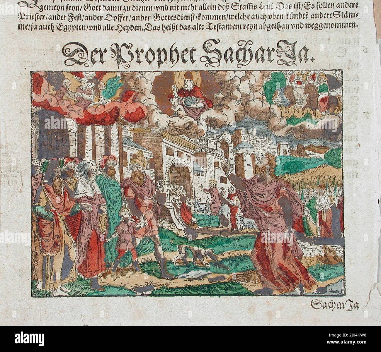 La vision de Zacharie : l'entrée du Christ dans Jérusalem en arrière-plan. Jost Amman (Suisse, Zurich, Allemagne active, 1539-1591). Allemagne, 16th siècle. Imprimés; coupes de bois. Coupe de bois de couleur main Banque D'Images