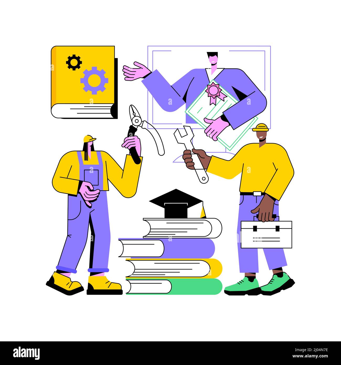 Illustration du vecteur de concept abstrait de la formation professionnelle. Formation professionnelle, formation technique professionnelle en ligne, travail sur tour automatique, machines de réparation, métaphore abstraite de groupe d'étudiants. Illustration de Vecteur