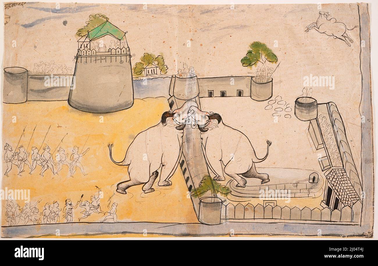 Un combat Royal Elephant. Inde, Rajasthan, Kota, vers 1875. Mises en plan; aquarelles. Encre et aquarelle opaque sur papier Banque D'Images