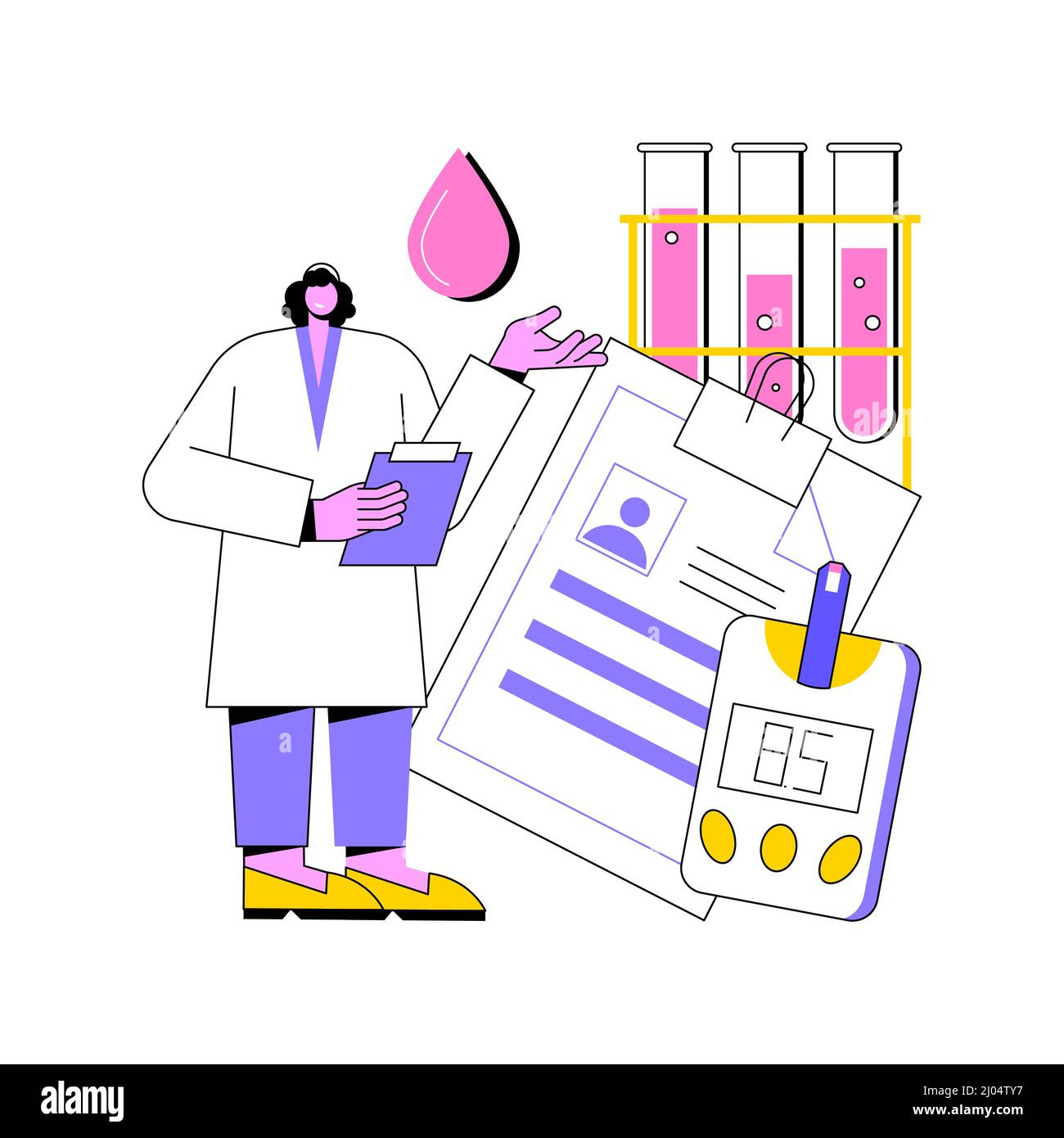 Illustration abstraite du vecteur de concept des résultats de l'examen du diabète. Test de glycémie, tube de laboratoire, bilan de santé, résultat de laboratoire, indicateur de glycémie, métaphore du traitement des maladies chroniques. Illustration de Vecteur