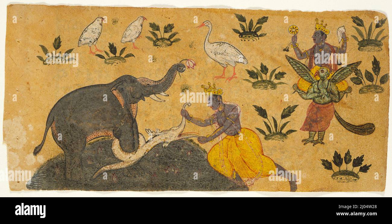Vishnu sauvant le roi des éléphants. Inde, Himachal Pradesh, Chamba/Mandi, vers 1675. Mises en plan; aquarelles. Aquarelle opaque sur papier Banque D'Images