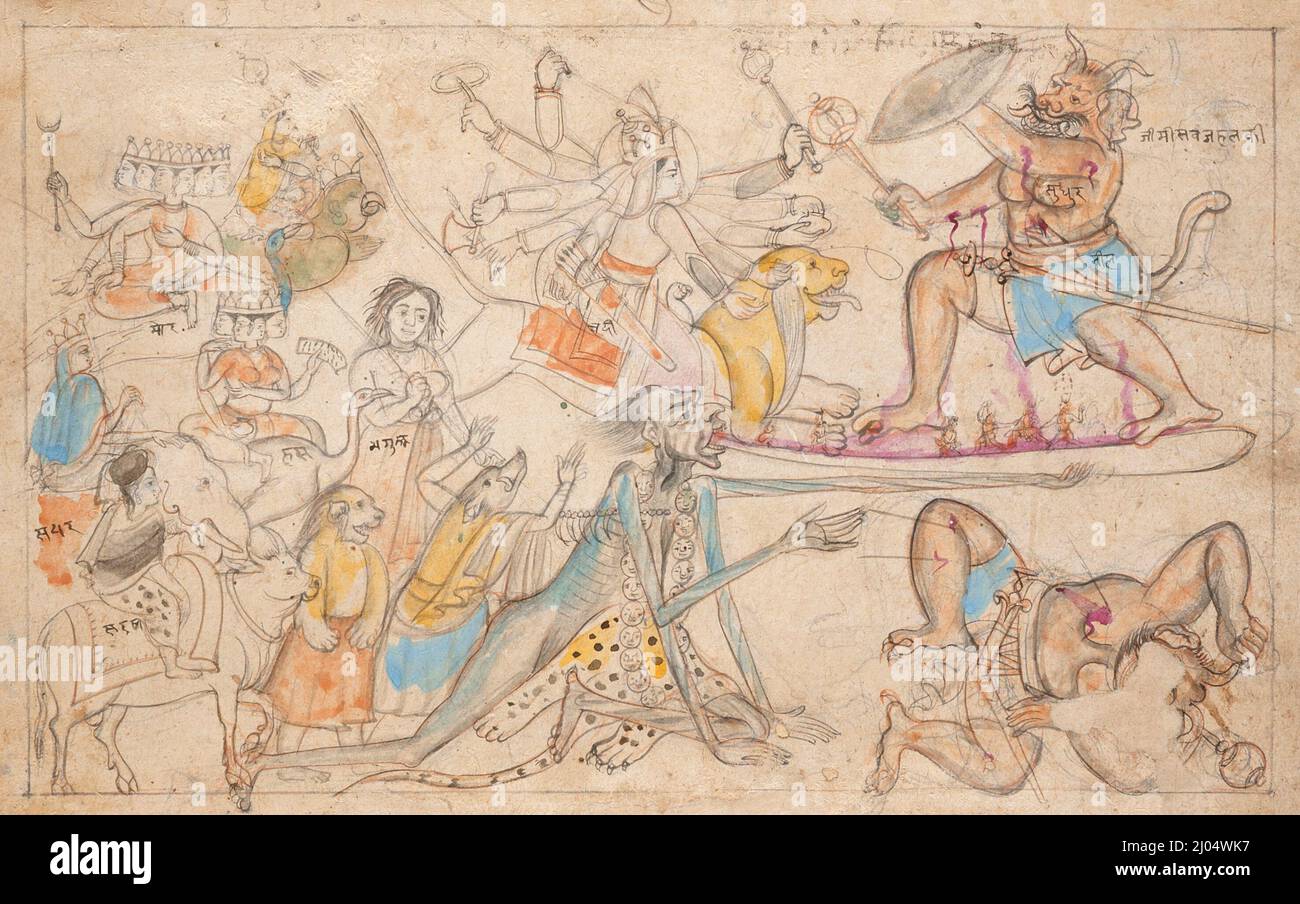 Durga combattant les Titans, Folio d'un Devimahatmya (gloire de la Déesse). Inde, Himachal Pradesh, Guler, vers 1800-1825. Mises en plan; aquarelles. Encre et aquarelle opaque sur papier Banque D'Images