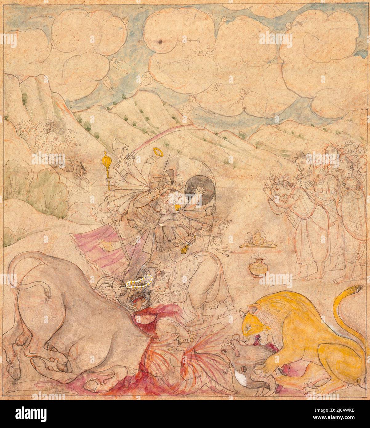 Durga a fait la chute du démon Buffalo. Inde, Himachal Pradesh, Guler, vers 1750-1775. Mises en plan; aquarelles. Encre et aquarelle opaque sur papier Banque D'Images