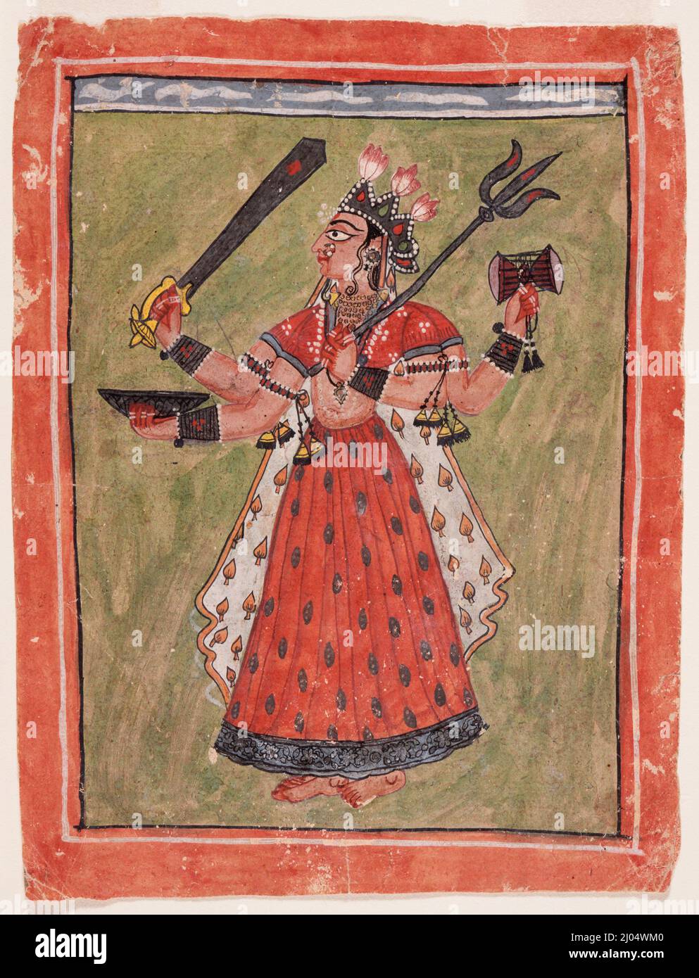 La déesse hindoue Durga. Inde, Himachal Pradesh, Basohli, fin du 17th siècle. Mises en plan; aquarelles. Aquarelle opaque et argent sur papier Banque D'Images