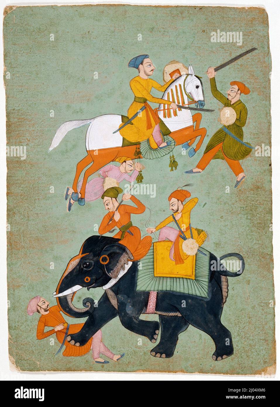 Scène de bataille avec éléphant. Inde, Rajasthan, Mewar, 18th-début du 19th siècle. Mises en plan; aquarelles. Aquarelle opaque et argent sur papier Banque D'Images