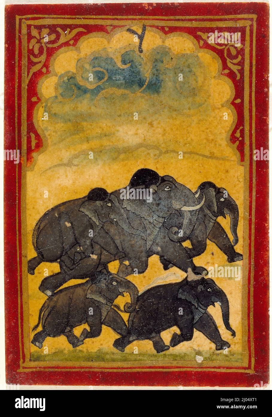 Cinq éléphants galopants, numéro six du costume de Gajpati (Seigneur des éléphants), jouant la carte d'un ensemble de Gonghal Ganjifa. Inde, Rajasthan, Mewar, 19th siècle. Mises en plan; aquarelles. Aquarelle opaque et or sur carton Banque D'Images