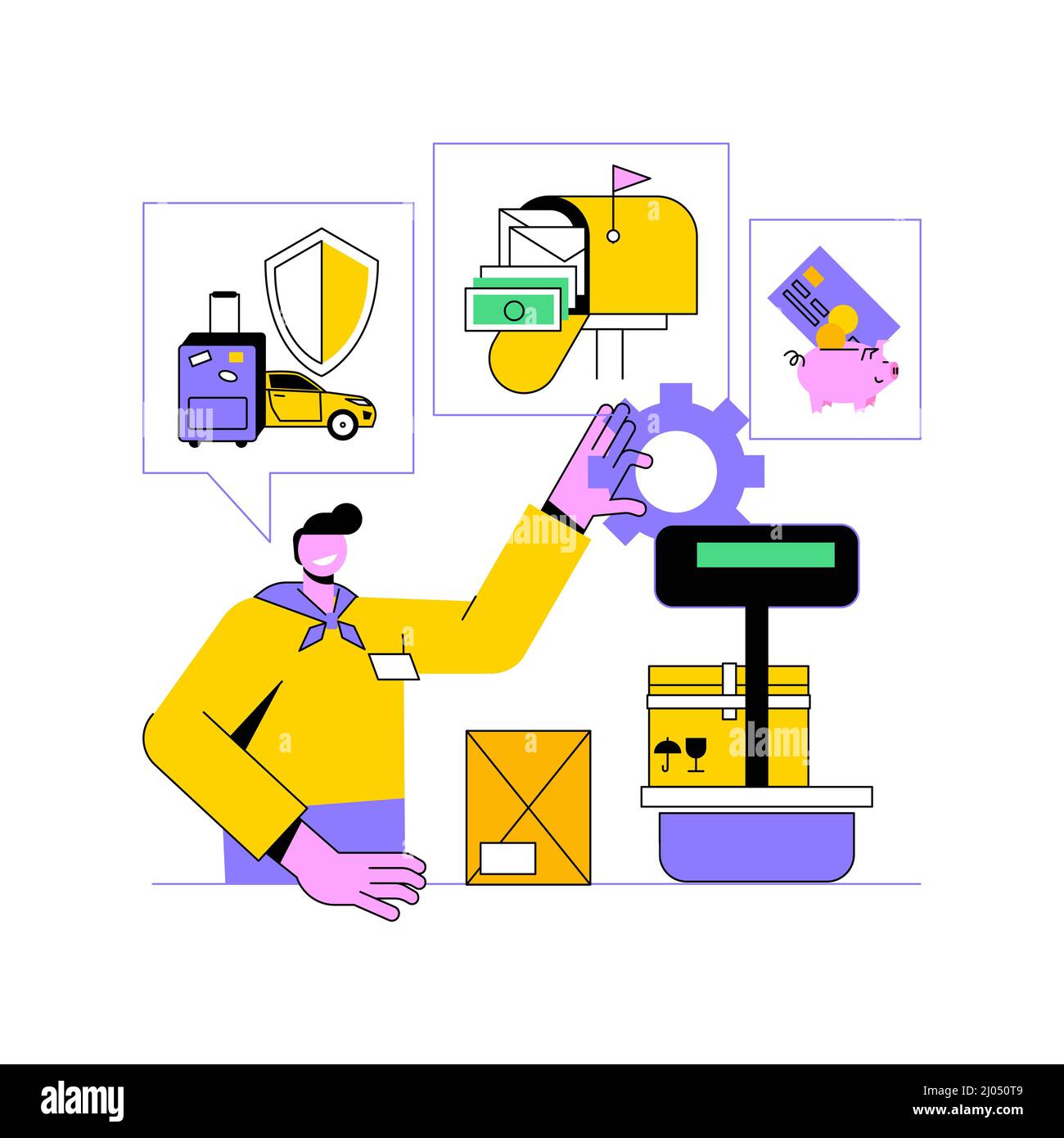 Illustration du vecteur de concept abstrait du bureau de poste.Services de bureau de poste, livraison de colis, assurance voyage et automobile, argent de voyage, compte d'épargne, service financier, métaphore abstraite de boîte postale. Illustration de Vecteur