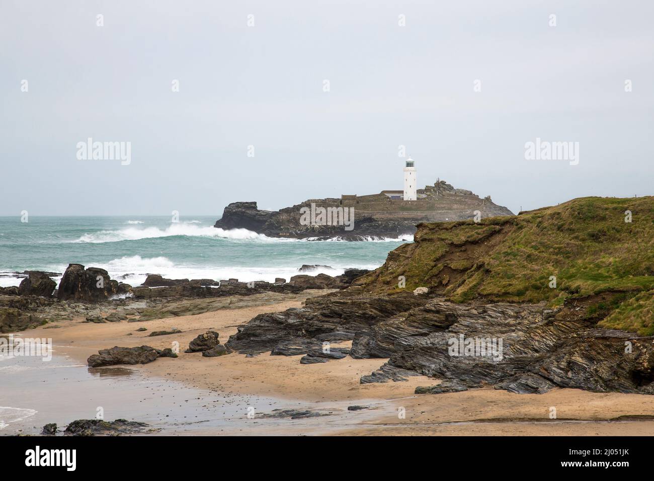 Vue sur le phare de Godrevy à Cornwall, en Angleterre Banque D'Images