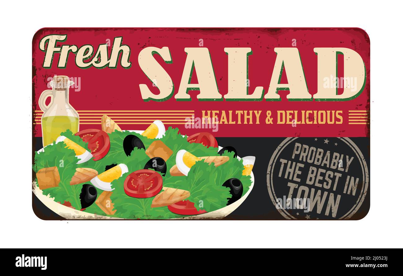 Affiche en métal rouillé vintage pour salade fraîche sur fond blanc, illustration vectorielle Illustration de Vecteur