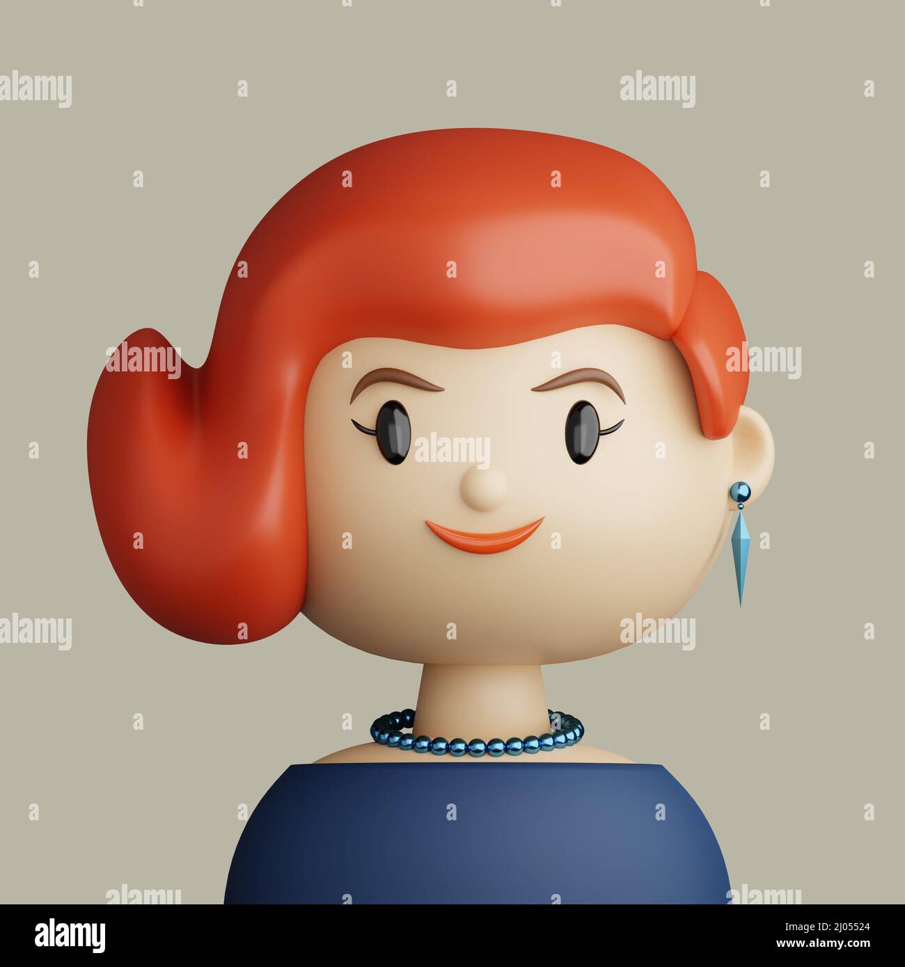 3D illustration de la jeune femme souriante aux cheveux rouges. Dessin animé gros plan portrait d'une femme caucasienne debout sur fond gris. 3D Avatar pour ui ux. Banque D'Images