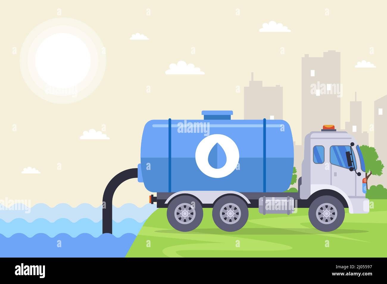 le camion télécharge de l'eau de la rivière du tuyau dans son baril. illustration vectorielle plate. Illustration de Vecteur