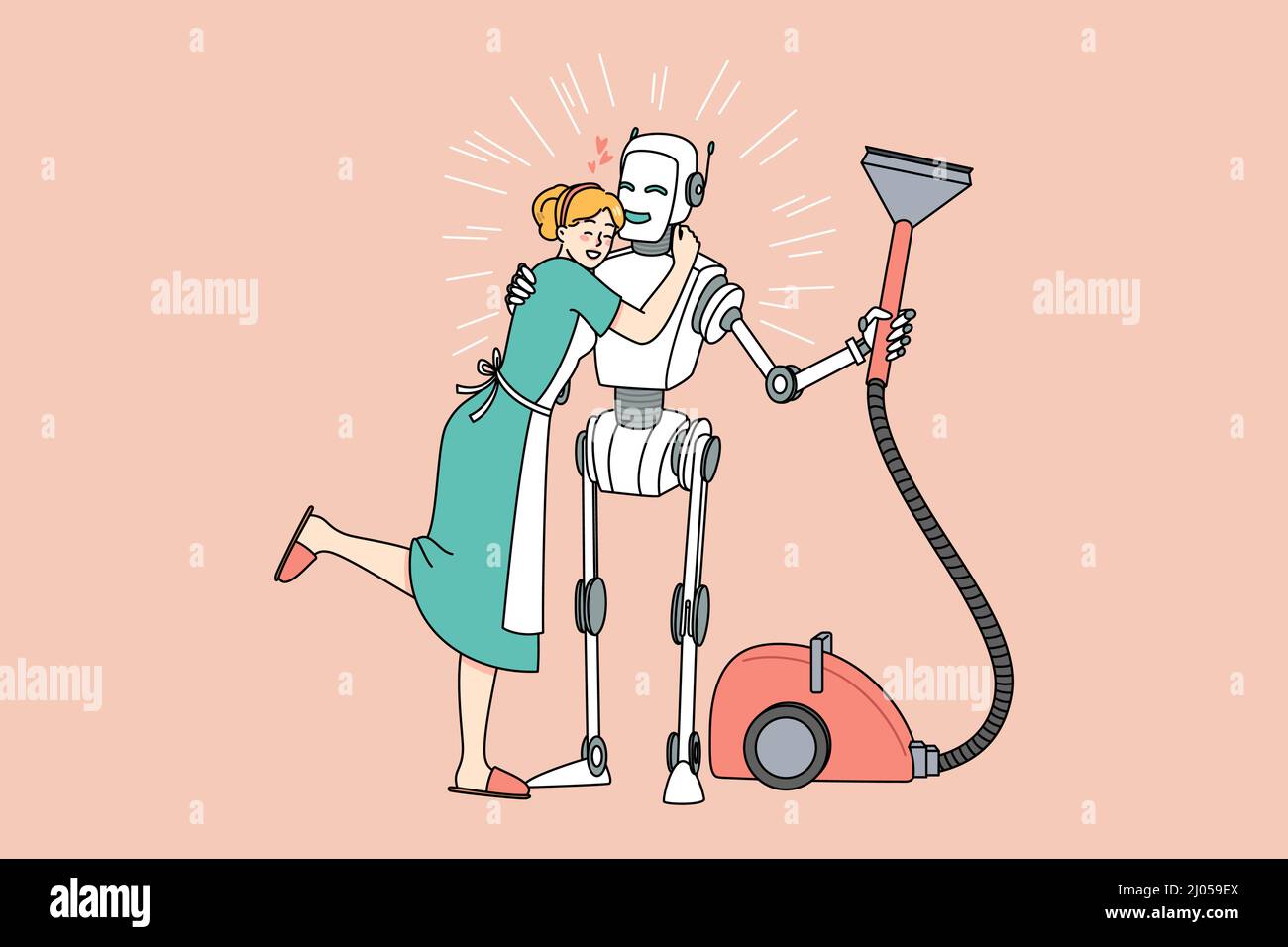 Bonne femme de ménage câlin robot assistant remerciant pour l'aide. Une femme souriante embrasse un assistant virtuel robotique avec un aspirateur. L'entretien ménager et les nouvelles technologies modernes. Illustration vectorielle. Illustration de Vecteur