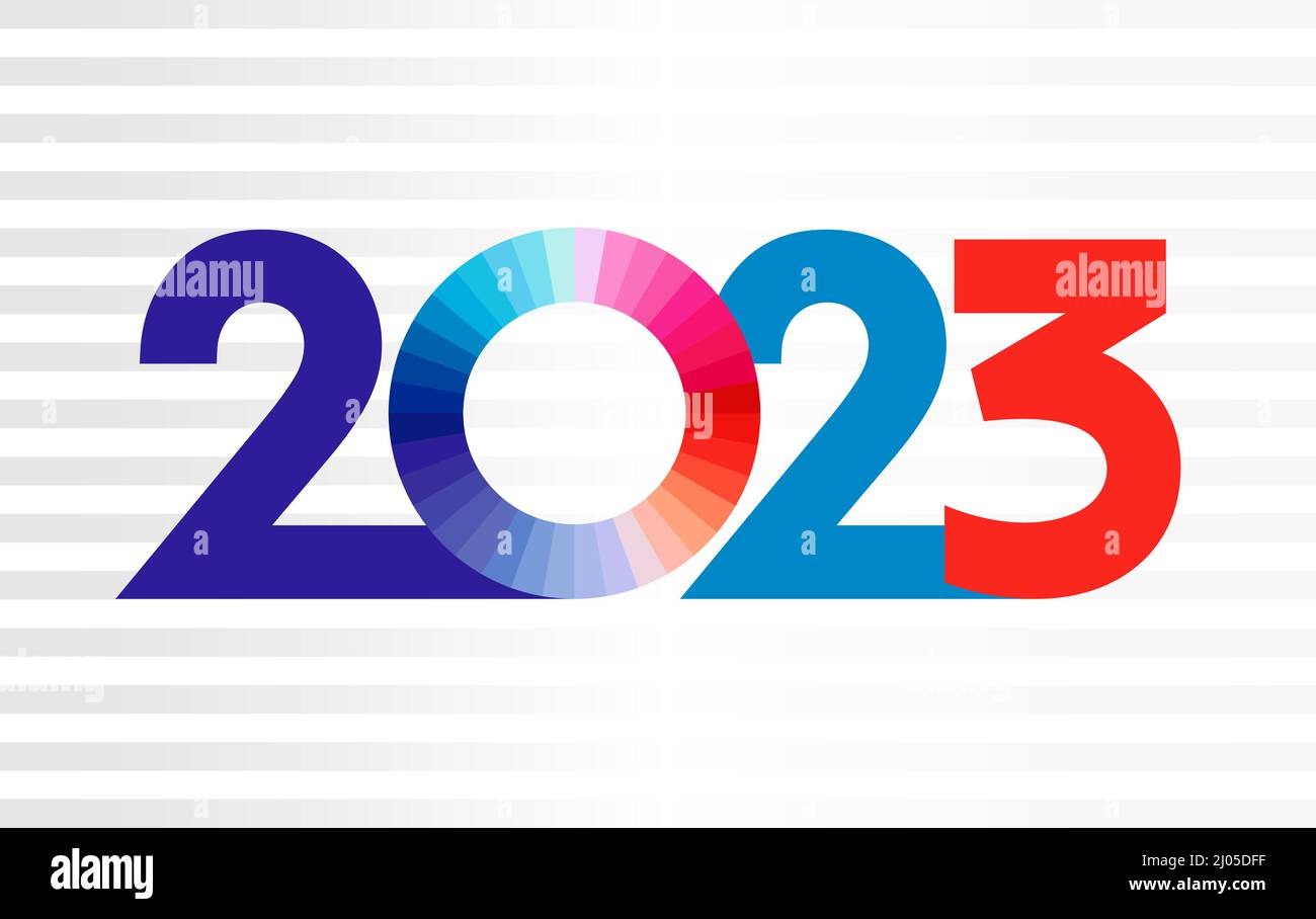 Un concept de logotype du nouvel an heureux. 2023 chiffres. Modèle de conception graphique isolé abstrait. Rouge, bleu, blanc. Joyeux Noël créatif congrat Illustration de Vecteur