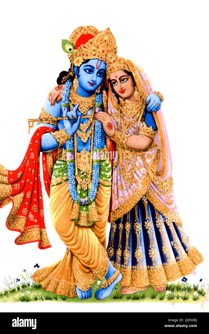 Amjarelli Gujarelli en inde sept. 20 2009 Dieu hindou Radha Krishna peint sur le quartier du mur blanc Amelli Banque D'Images