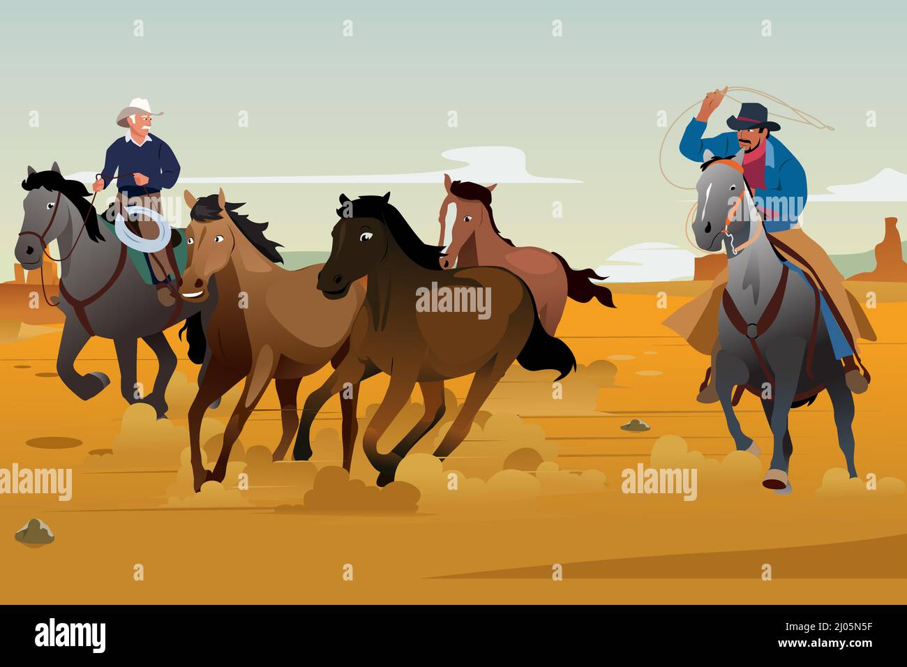 Illustration vectorielle des cow-boys et des chevaux sauvages qui s'exécutent dans le désert Illustration de Vecteur
