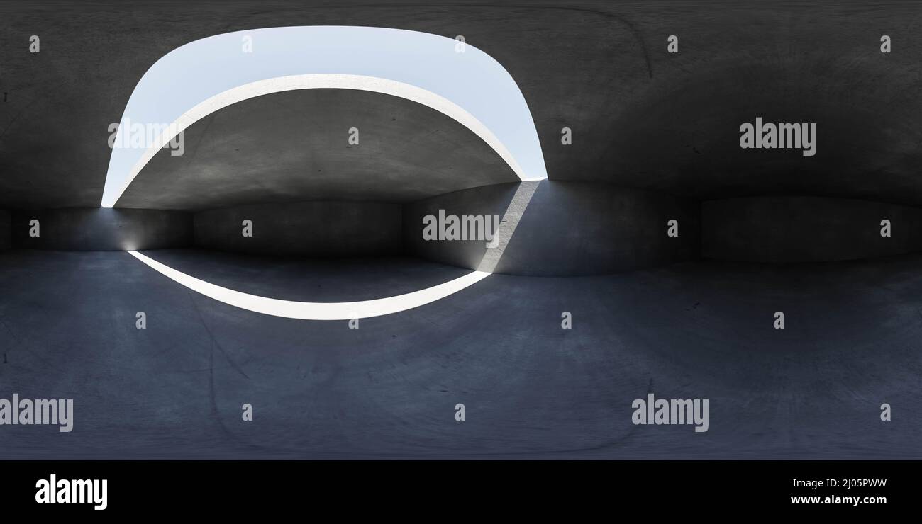 carte d'environnement panoramique à 360 degrés de l'intérieur du sous-sol en béton vide avec éclairage du ciel et du jour 3d rendre l'illustration hdri hdr vr virtuelle Banque D'Images