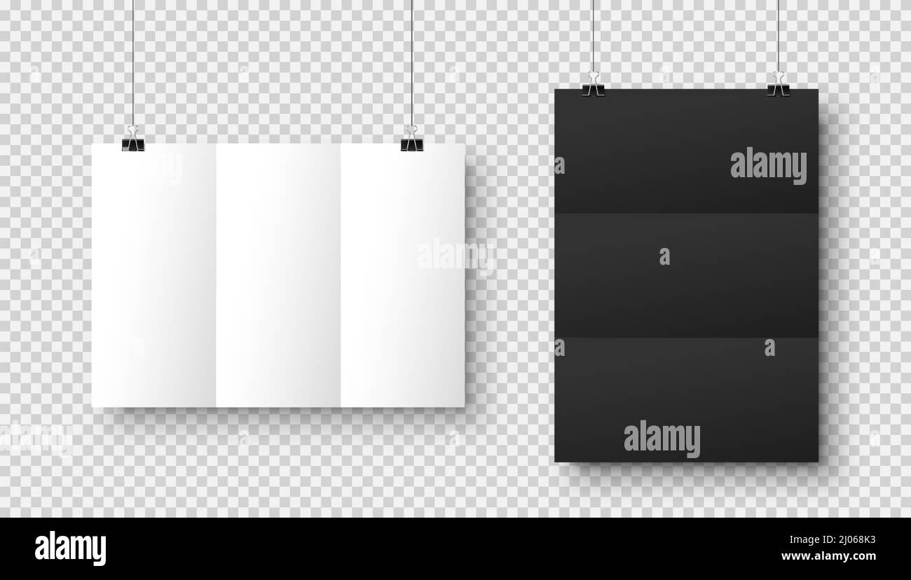 Feuilles de papier blanc à suspendre réalistes au format A4 avec ombre sur fond quadrillé. Page de bloc-notes plié en noir et blanc. Affiche de conception, modèle ou Illustration de Vecteur